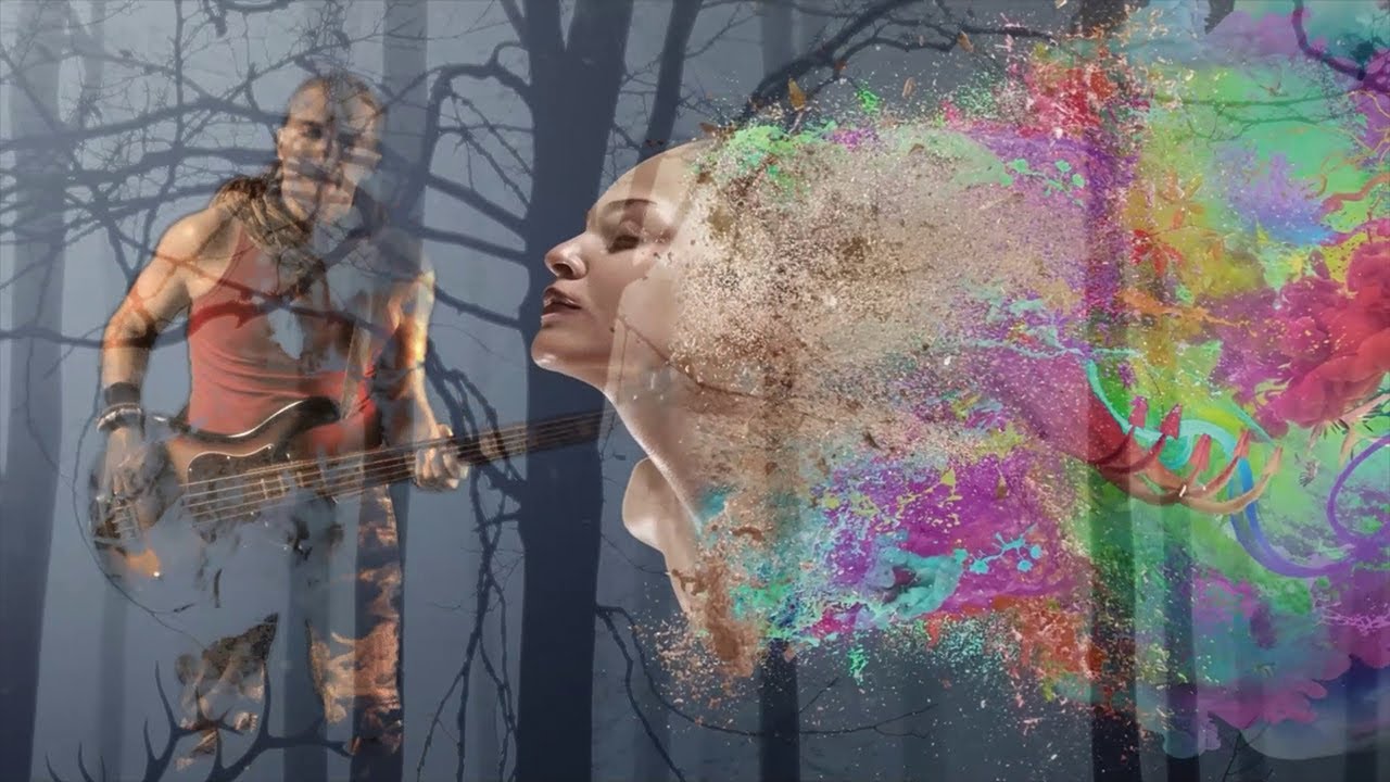 Cover image of the Eco al mio specchio video: a figure with a bass and a profile opening into colour.
